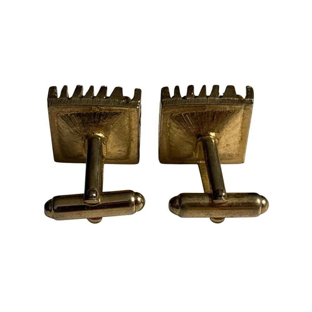 Smoky Gray Cufflinks Large Crystal‎ Rhinestone Gold Tone VTG Square Ridged Edges